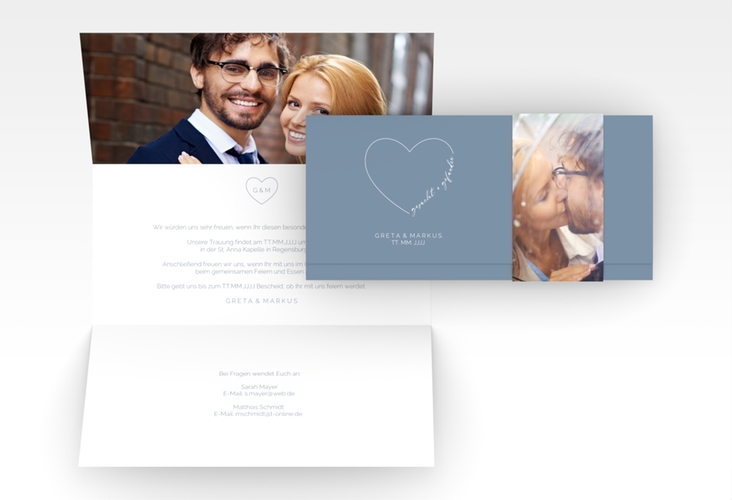 Hochzeitseinladung Lebenstraum Wickelfalzkarte + Banderole blau