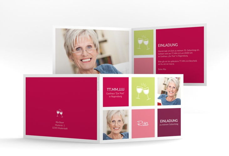 Einladung 70. Geburtstag Celebration A6 Klappkarte quer pink