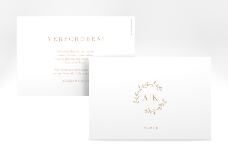 Change the Date-Karte Filigrana A6 Karte quer beige in reduziertem Design mit Initialen und zartem Blätterkranz