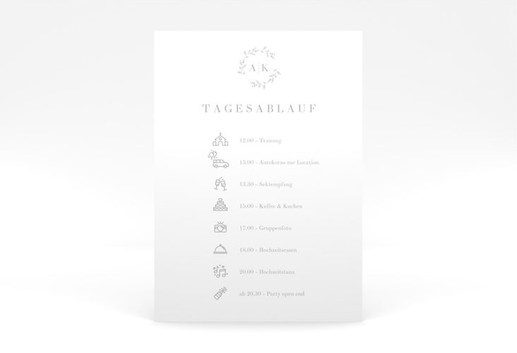 Tagesablauf Poster Hochzeit Filigrana 50 x 70 cm Poster grau in reduziertem Design mit Initialen und zartem Blätterkranz