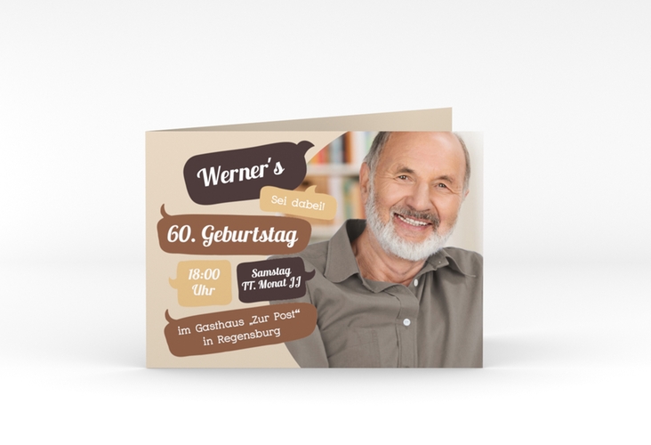 Einladung 60. Geburtstag Whatsup A6 Klappkarte quer braun