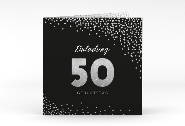 Einladung 50. Geburtstag Glitzer quadr. Klappkarte grau