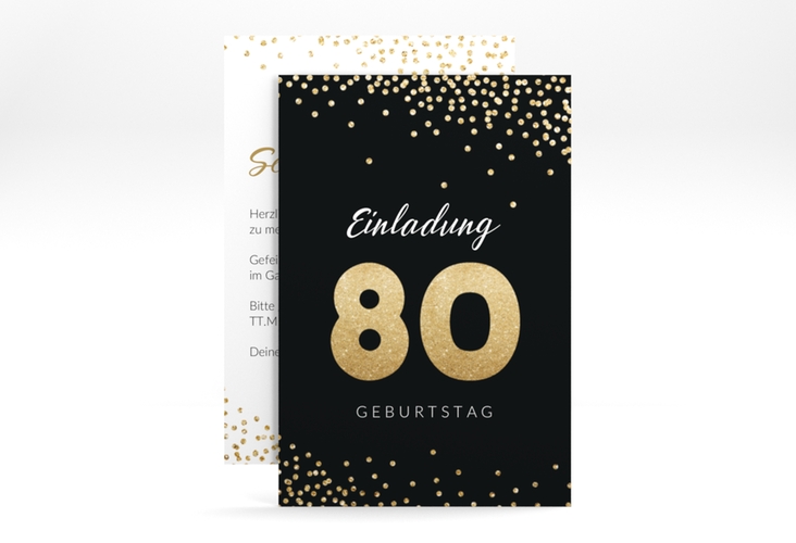 Einladung 80. Geburtstag Glitzer A6 Karte hoch gold