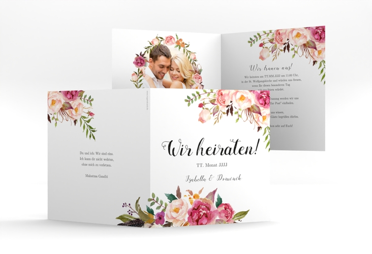 Hochzeitseinladung Flowers quadr. Klappkarte weiss mit bunten Aquarell-Blumen