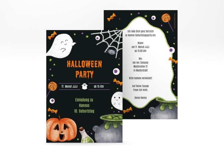 Einladungskarte Kindergeburtstag Spooky A6 Karte hoch mit lustigen Gespenstern, Kürbis und Zauberkessel für Halloween-Partys