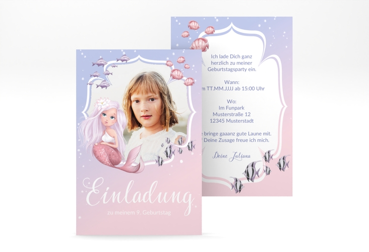 Einladungskarte Kindergeburtstag Mermaid A6 Karte hoch mit Meerjungfrau und Fischen