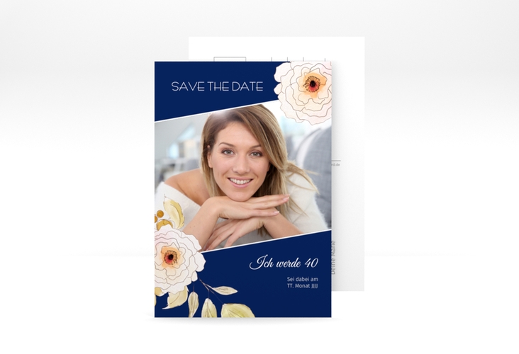 Save the Date-Postkarte Geburtstag Fleur A6 Postkarte blau hochglanz