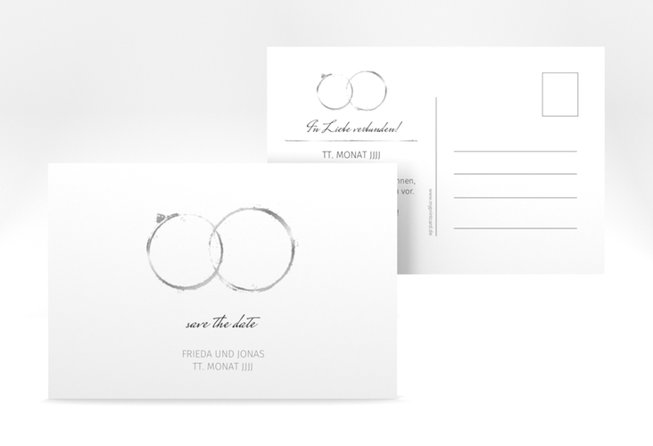 Save the Date-Postkarte Trauringe A6 Postkarte grau hochglanz minimalistisch gestaltet mit zwei Eheringen