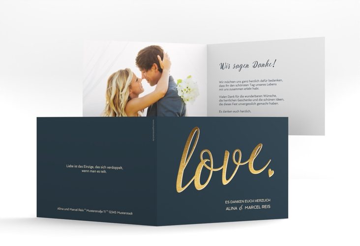 Danksagungskarte Hochzeit Glam A6 Klappkarte quer blau hochglanz