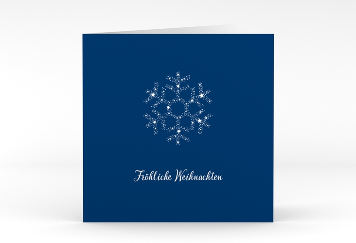 Geschäftliche Weihnachtskarte Sternflocke quadr. Klappkarte blau hochglanz mit Eiskristall aus weißen Sternen