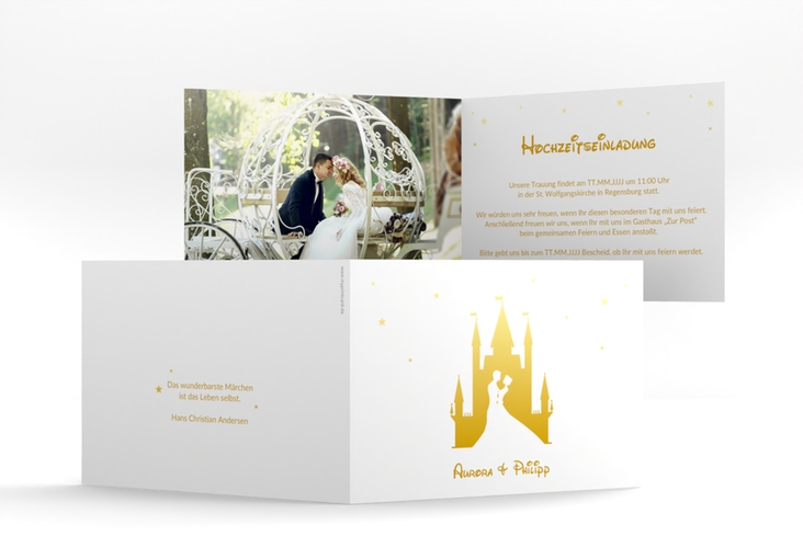 Hochzeitseinladung Castle A6 Klappkarte quer gold hochglanz