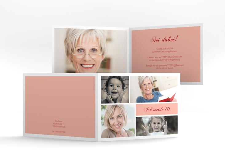 Einladung 70. Geburtstag Bilderserie A6 Klappkarte quer rosa mit mehreren Fotos
