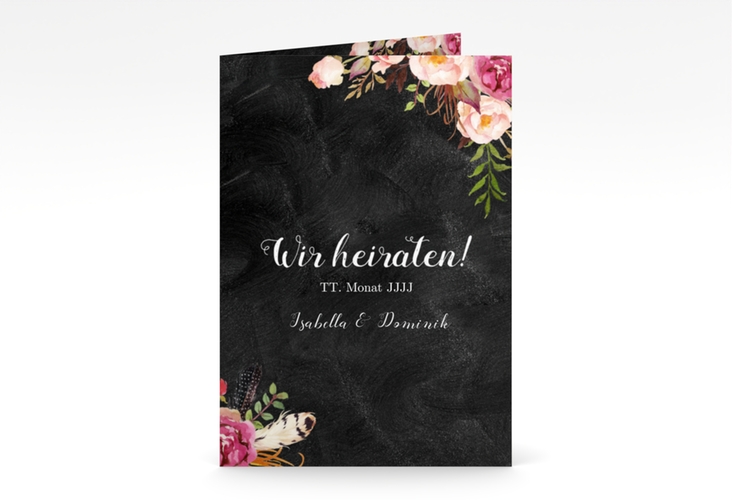 Einladungskarte Hochzeit Flowers A6 Klappkarte hoch schwarz mit bunten Aquarell-Blumen