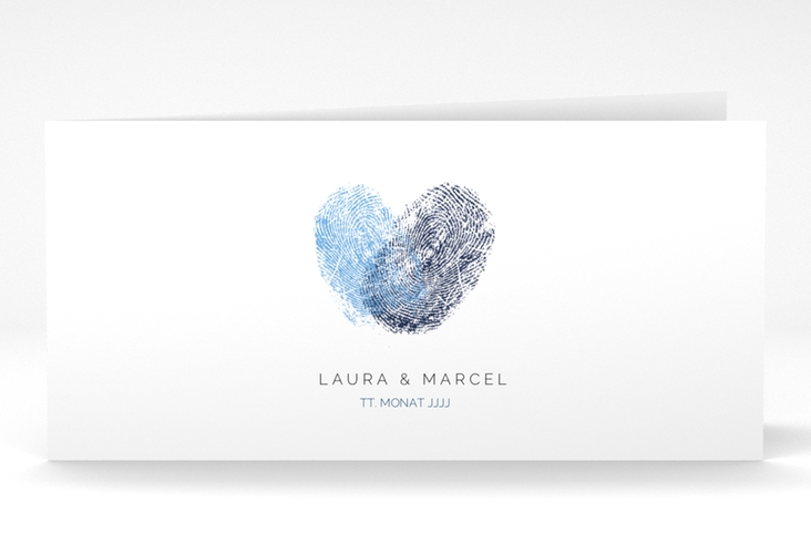 Hochzeitseinladung Fingerprint lange Klappkarte quer blau hochglanz schlicht mit Fingerabdruck-Motiv