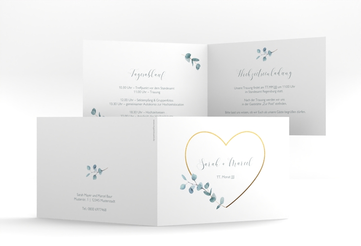 Hochzeitseinladung Greenheart A6 Klappkarte quer gold hochglanz mit elegantem Herz und Eukalyptus-Zweig