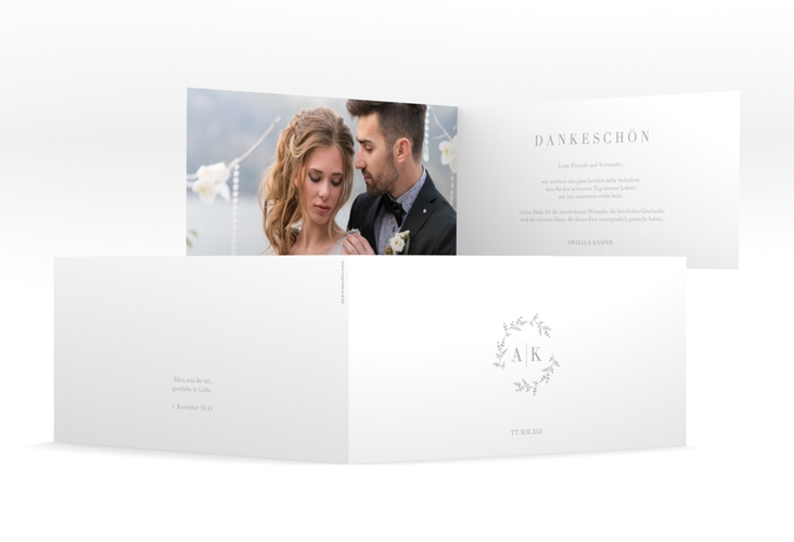 Dankeskarte Hochzeit Filigrana lange Klappkarte quer in reduziertem Design mit Initialen und zartem Blätterkranz