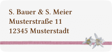 Klick: Details zu Absenderetikett Hochzeit "Bayern" anzeigen Absenderetikett Hochzeit Bayern 45,7 x 21,2 mm rot mit Edelweiß in rustikaler Holz-Optik