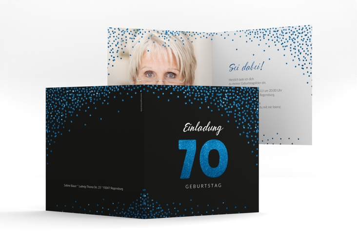 Einladung 70. Geburtstag Glitzer quadr. Klappkarte blau