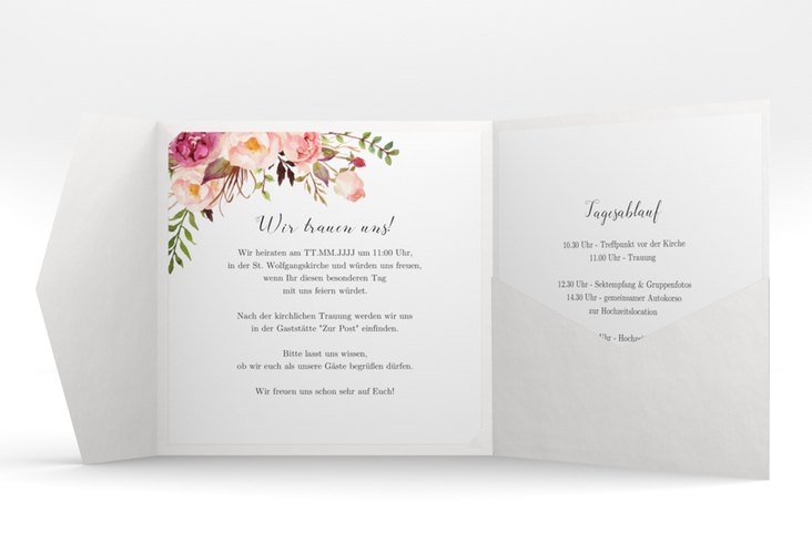 Hochzeitseinladung Flowers Pocketfold weiss hochglanz mit bunten Aquarell-Blumen