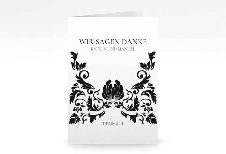Danksagungskarte Hochzeit Royal A6 Klappkarte hoch weiss mit barockem Blumen-Ornament