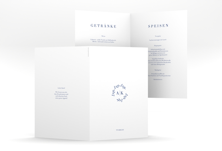 Menükarte Hochzeit Filigrana A5 Klappkarte hoch blau in reduziertem Design mit Initialen und zartem Blätterkranz