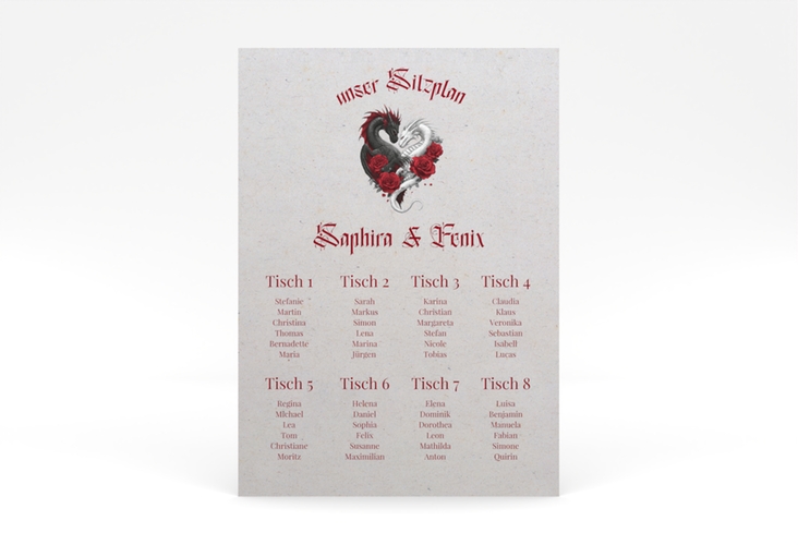 Sitzplan Poster Hochzeit Drachenliebe 50 x 70 cm Poster grau mit schwarzem und weißem Drachen zu einem Herz verschlungen