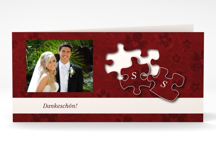 Dankeskarte Hochzeit Ravensburg lange Klappkarte quer rot mit zwei Puzzleteilen