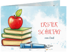 Einschulungskarte Füller A6 Klappkarte quer bunt mit Stapel bunter Schulbücher und Pausen-Apfel