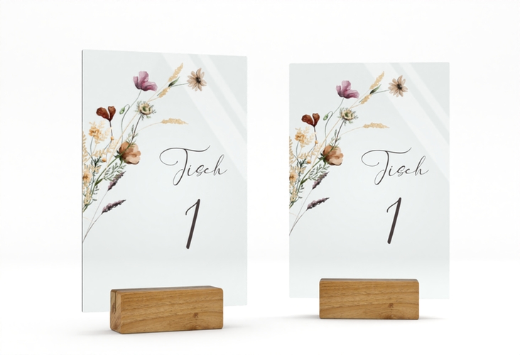 Tischnummer Acryl Hochzeit Sauvages Tischaufsteller Acryl mit getrockneten Wiesenblumen