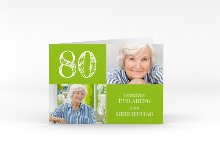 Einladung 80. Geburtstag Lebensfreude A6 Klappkarte quer gruen
