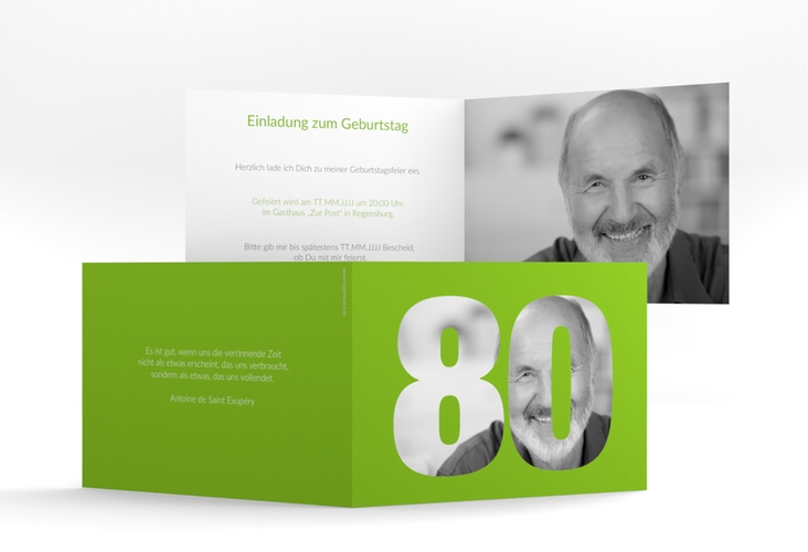 Einladung 80. Geburtstag Numbers A6 Klappkarte quer gruen