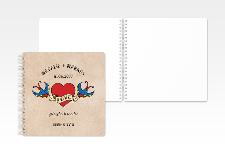 Gästebuch Hochzeit Tattoo Ringbindung beige mit Herz und zwei Schwalben