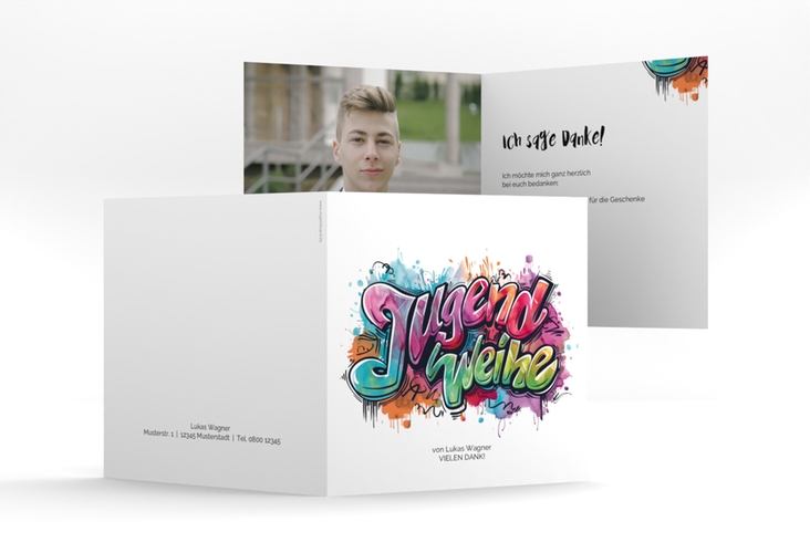 Danksagung Jugendweihe Stylewriting quadr. Klappkarte bunt