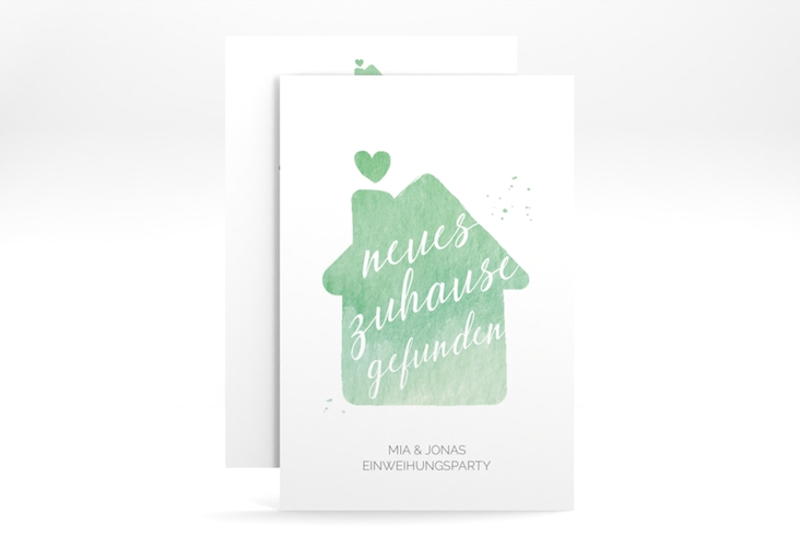 Party Einladung Zuhause A6 Karte hoch gruen hochglanz mit Haus in Aquarell