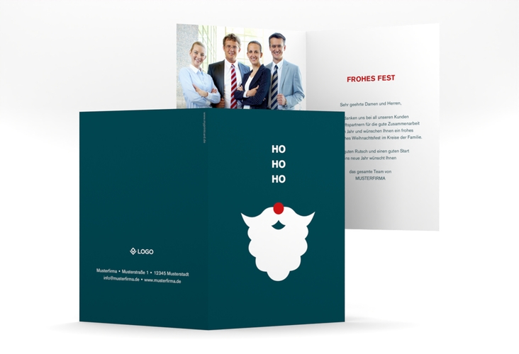 Business-Weihnachtskarte Hohoho A6 Klappkarte hoch blau humorvoll mit Nikolausbart