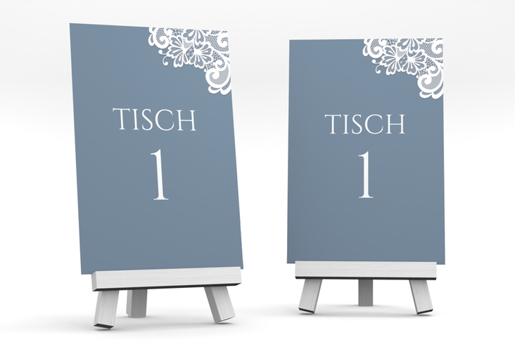 Tischnummer Hochzeit Vintage Tischaufsteller blau mit floraler Spitze