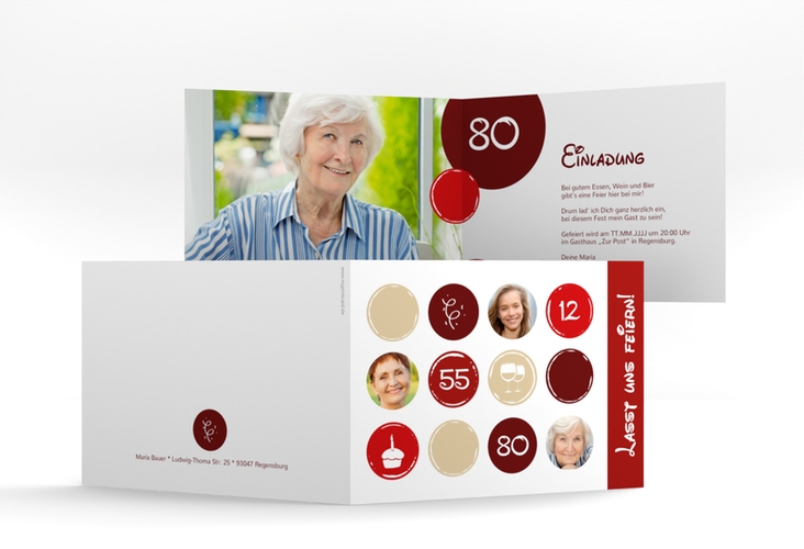 Einladung 80. Geburtstag Circles A6 Klappkarte quer rot