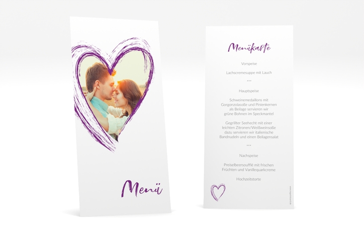 Menükarte Hochzeit "Liebe" lange Karte hoch lila