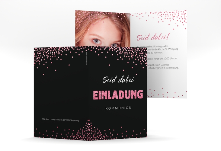 Kommunionseinladung Glittery A6 Klappkarte hoch pink hochglanz