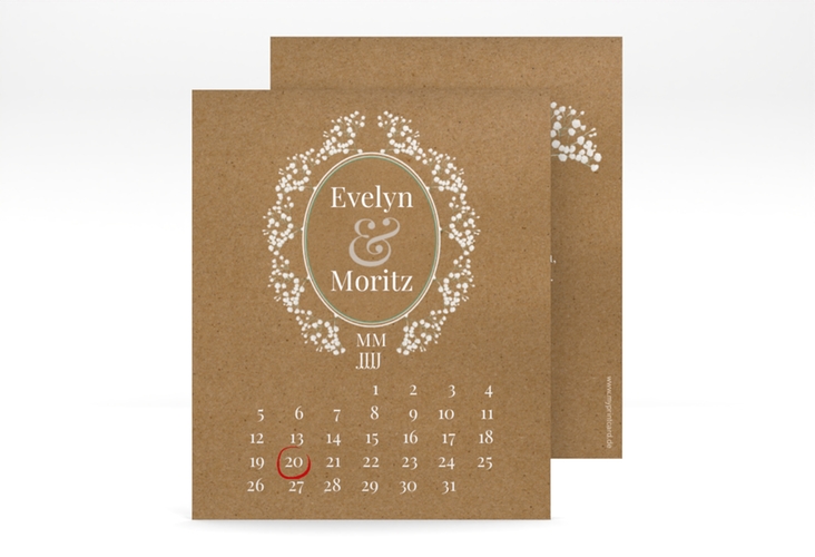 Save the Date-Kalenderblatt Gypsophila Kalenderblatt-Karte hochglanz im Vintage-Stil mit Blumenkranz aus Schleierkraut