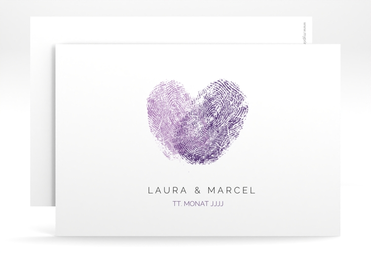 Save the Date-Karte Fingerprint A6 Karte quer lila schlicht mit Fingerabdruck-Motiv