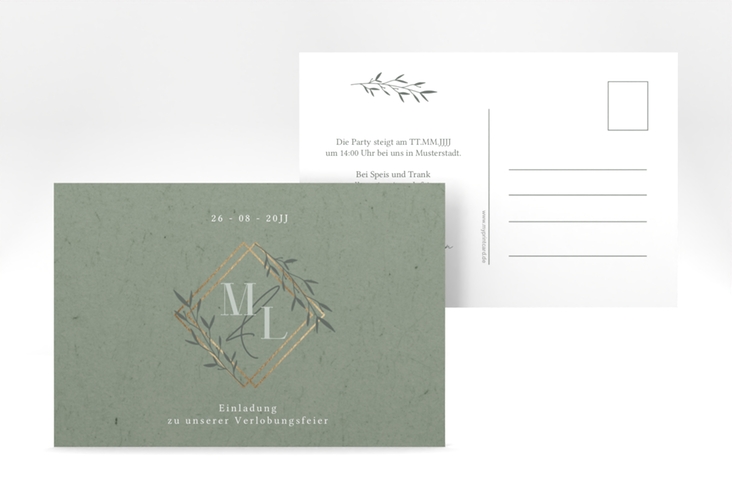 Verlobungskarte Hochzeit Greenletter A6 Postkarte mit Initialen in elegantem Goldrahmen mit Blättern