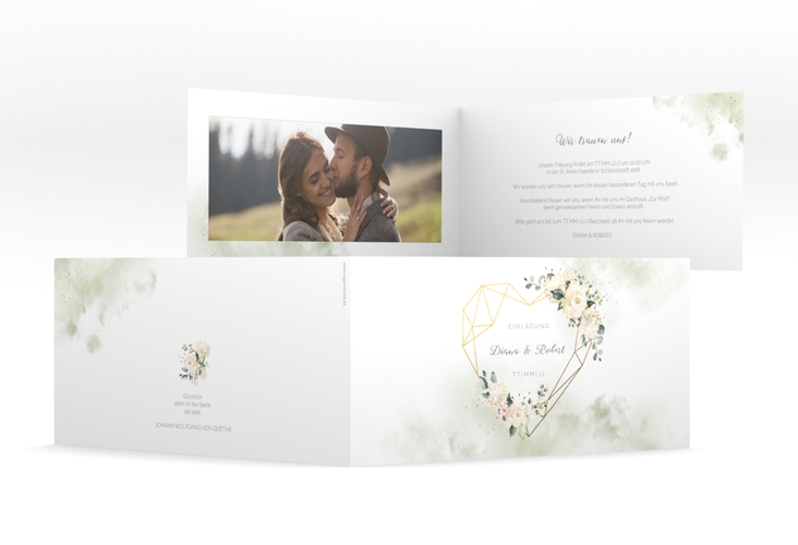 Hochzeitseinladung Adore lange Klappkarte quer gruen hochglanz