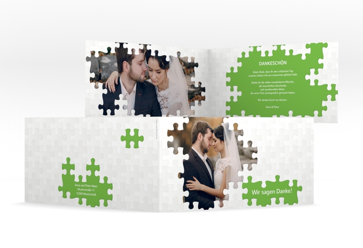 Dankeskarte Hochzeit Puzzle lange Klappkarte quer gruen