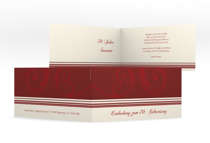 Einladung 70. Geburtstag Katharina lange Klappkarte quer rot hochglanz