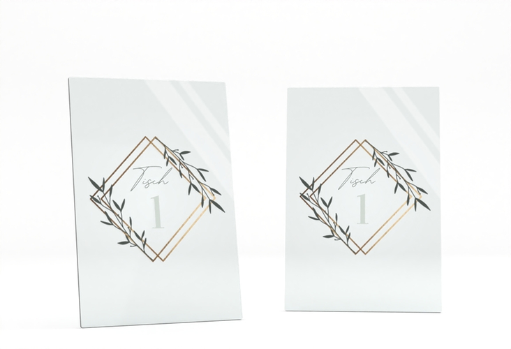 Tischnummer Acryl Hochzeit Greenletter Tischaufsteller Acryl mit Initialen in elegantem Goldrahmen mit Blättern