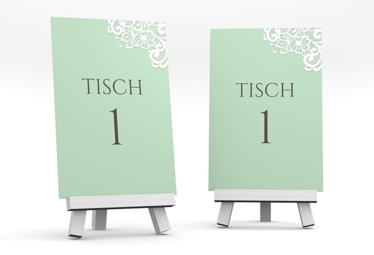 Tischnummer Hochzeit Vintage Tischaufsteller mint mit floraler Spitze