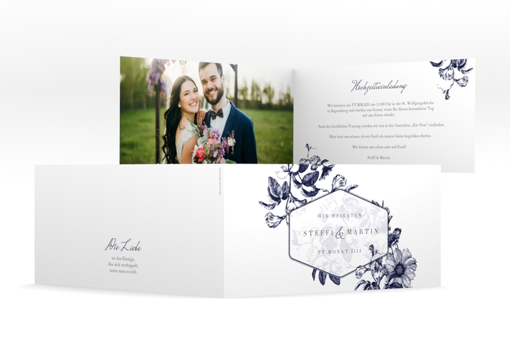 Hochzeitseinladung Magnificent lange Klappkarte quer blau hochglanz