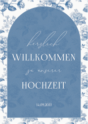 Willkommensschild Poster Blue Floral 50 x 70 cm Poster blau mit blauem Blumenmuster auf weißem Grund