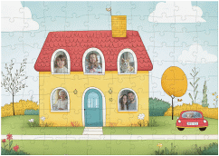 Fotopuzzle 100 Teile Fotohaus 100 Teile bunt mit Haus und fünf Familienfotos in den Fenstern